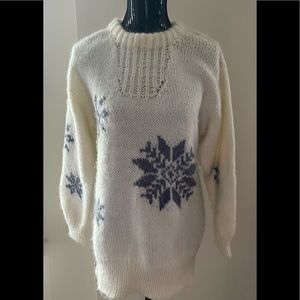 Vintage Hand knit Cream Sweater With Grey Snowflakes
